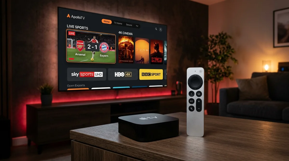 IPTV on Apple TV 4K: Sleek Apple TV console and Siri Remote with dark-mode sports streaming interface