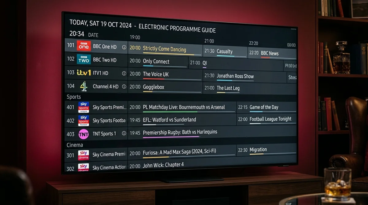IPTV EPG Guide: Dark-mode Electronic Programme Guide grid with UK sports and movie schedules on 4K TV