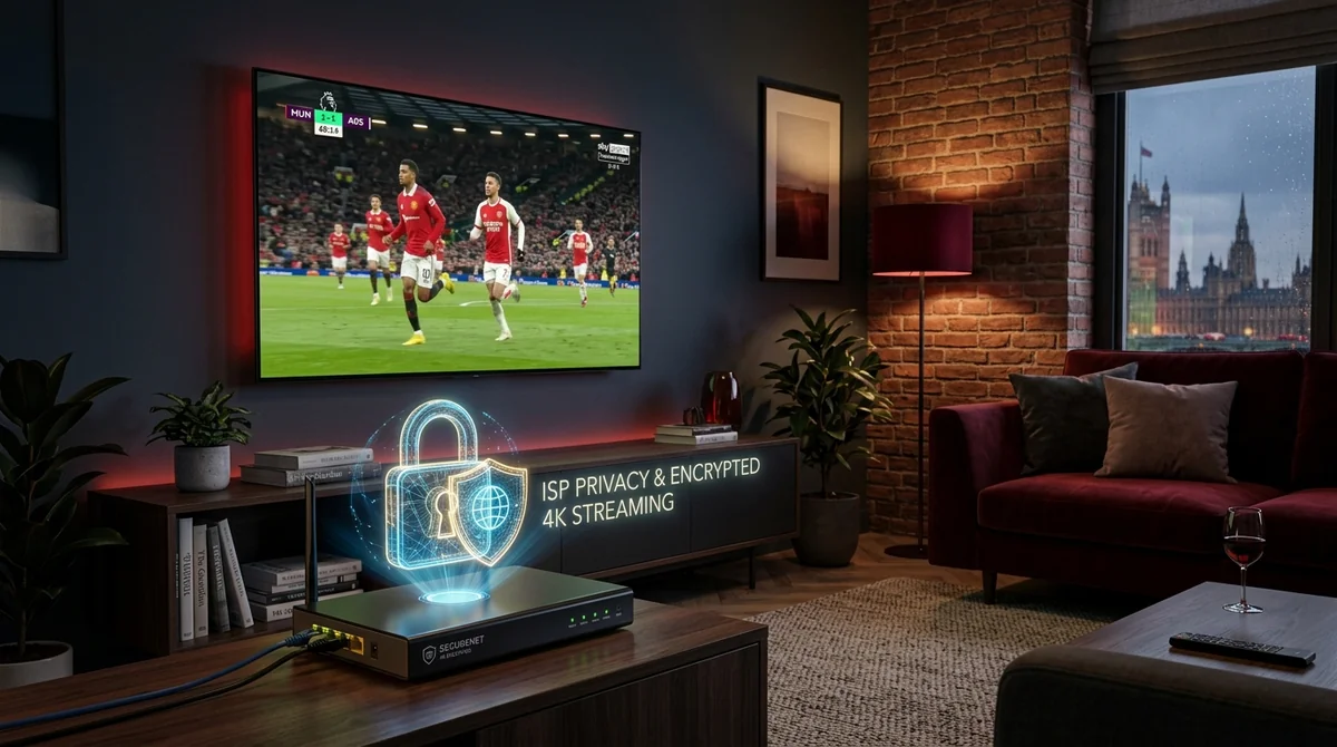 Is IPTV Legal in the UK: 4K TV streaming UK sports with cybersecurity router and digital privacy shield