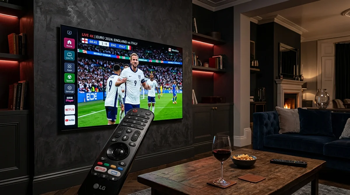 IPTV on LG Smart TV: LG OLED evo TV mounted on wall displaying live football with LG Magic Remote in foreground