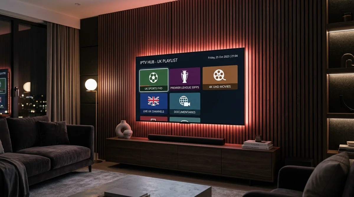IPTV M3U Playlist: Smart TV displaying organized M3U channel bouquets including UK Sports FHD and 4K Movies