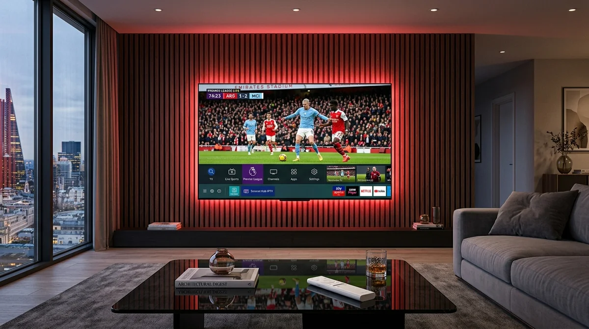 IPTV on Samsung Smart TV: Samsung Neo QLED 4K TV displaying Tizen OS live football with OneRemote