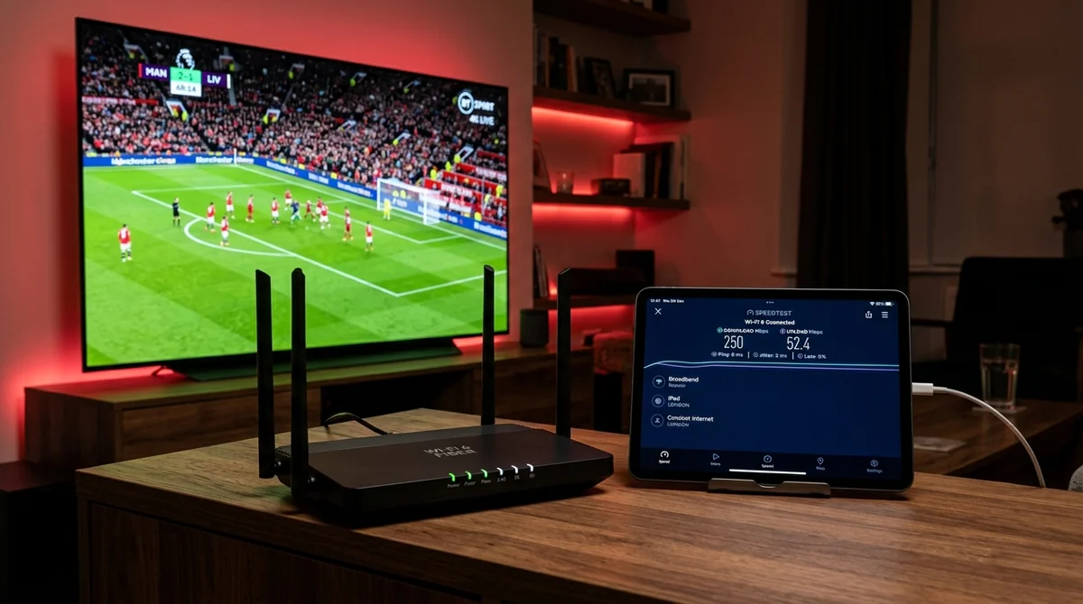 Internet Speed for IPTV: Wi-Fi 6 broadband router showing 250Mbps speed test with 4K football streaming in background