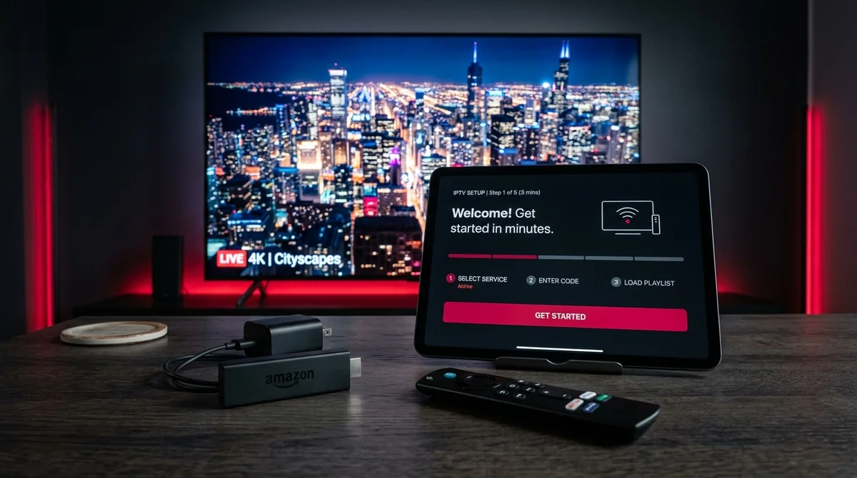 Universal IPTV Setup: Firestick, remote control, and tablet with step-by-step 3-minute IPTV setup interface