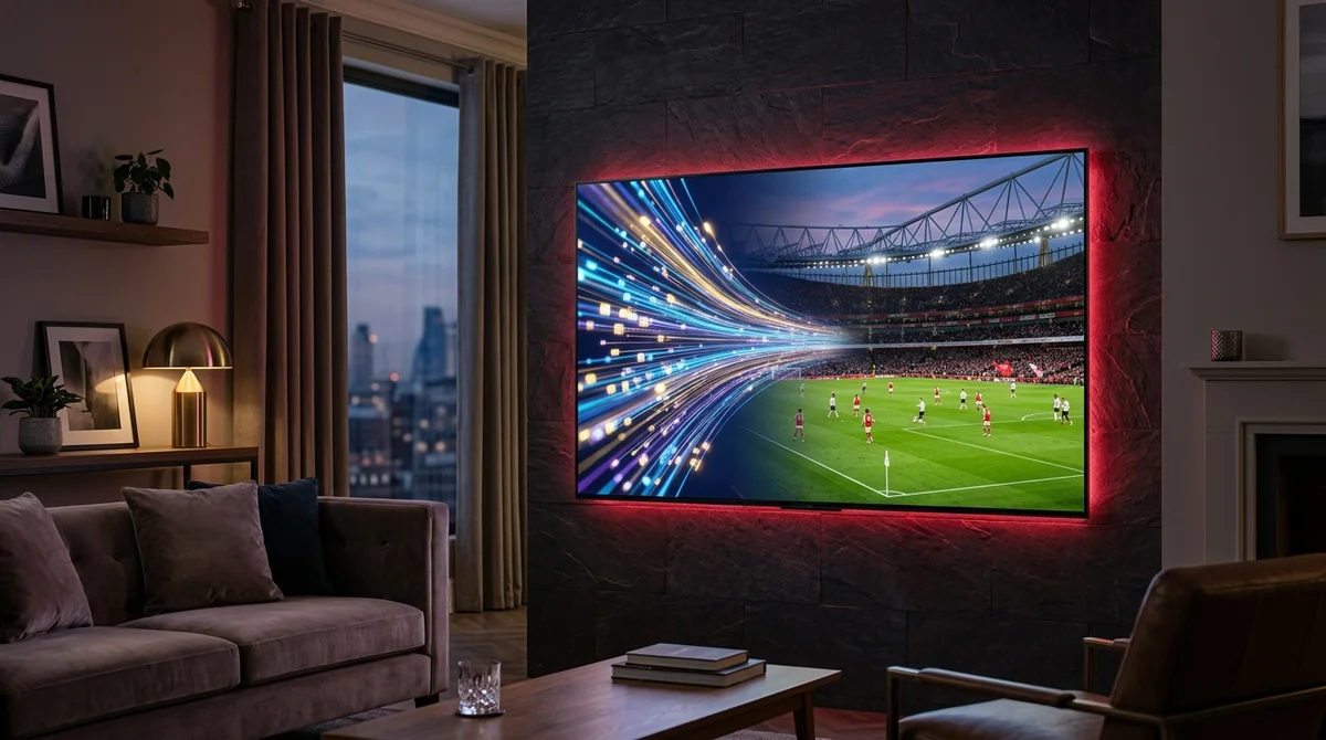 What is IPTV: Seamless 4K TV displaying high-speed fiber data streams transforming into 50fps live football