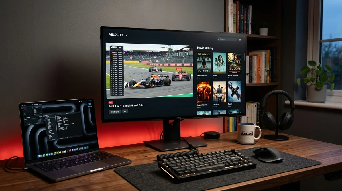 IPTV on Windows & Mac: Dual screen setup with MacBook Pro and 4K monitor streaming live Formula 1