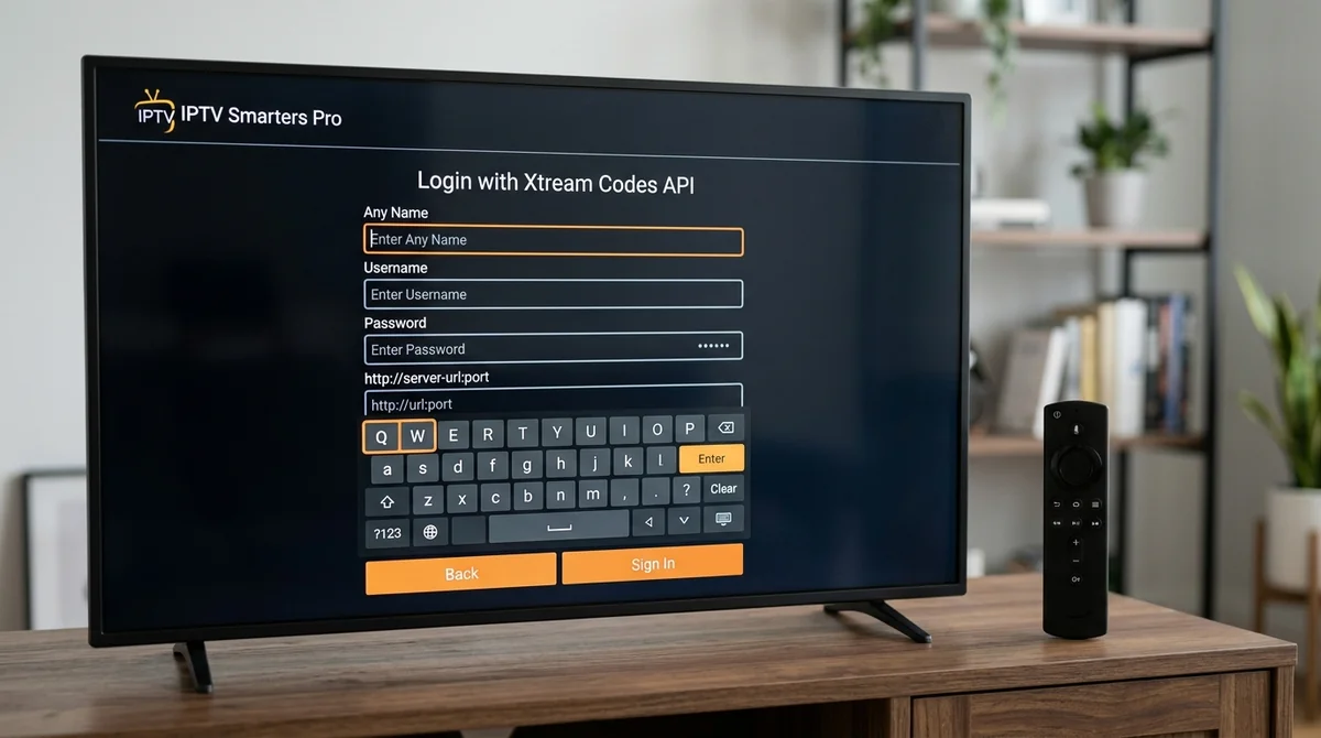 Xtream Codes API Login: Entering server URL, username, and password into modern IPTV player