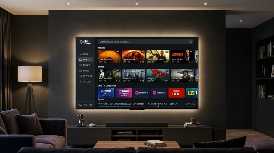IBO Player IPTV Setup: Home interface on Smart TV displaying Live TV, Movies and Series tiles