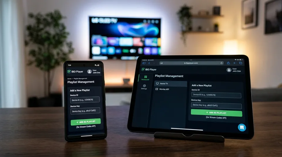 IBO Player Web Portal: Entering Device ID and Device Key to upload IPTV UK Xtream Codes playlist