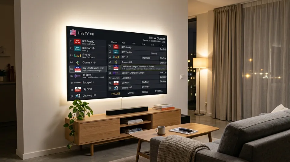 Smart IPTV SIPTV App Setup: Traditional television interface displaying UK channels and programme guide