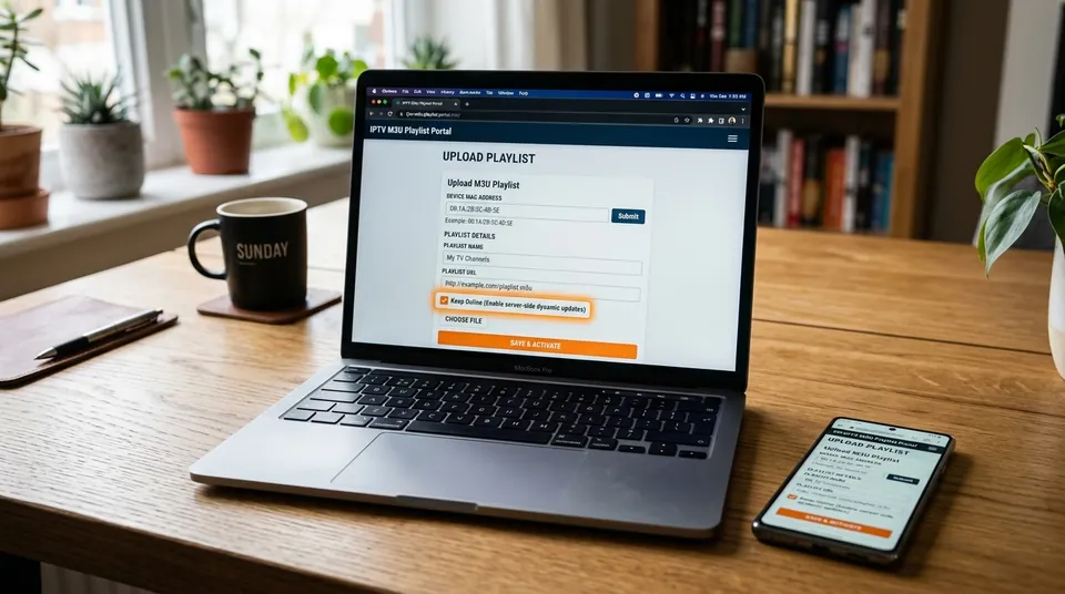 SIPTV Playlist Web Upload: Entering TV MAC address and dynamic M3U URL with Keep Online enabled