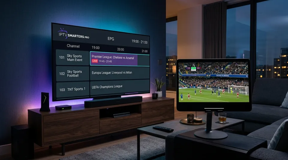 IPTV Smarters Pro Multi-Device EPG: Synchronized TV guide and live sports streaming on secondary screen