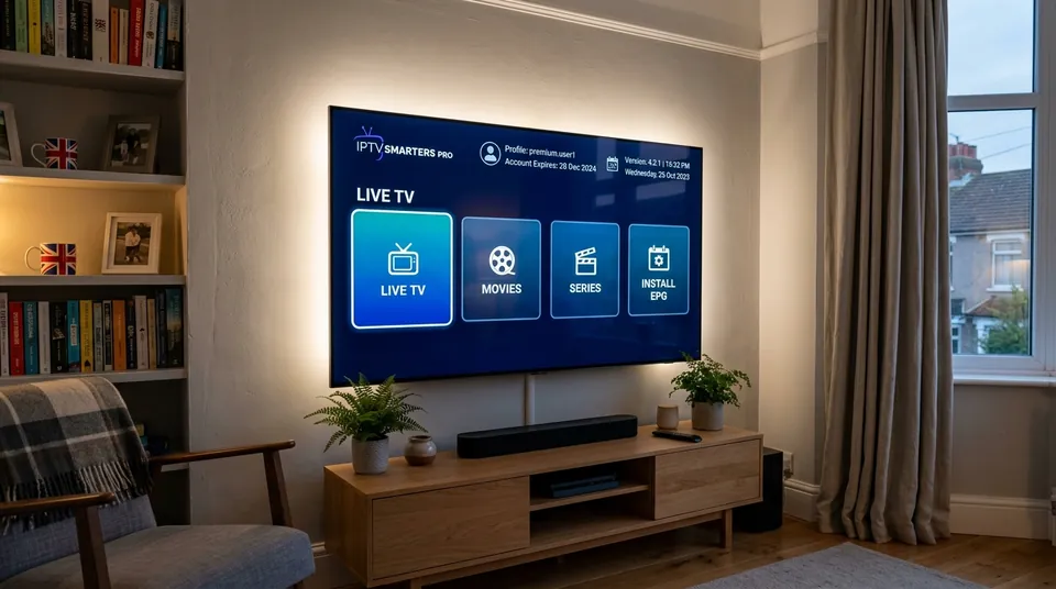 IPTV Smarters Pro UK: Cross-platform dashboard featuring Live TV, Movies, Series and Catch-Up categories