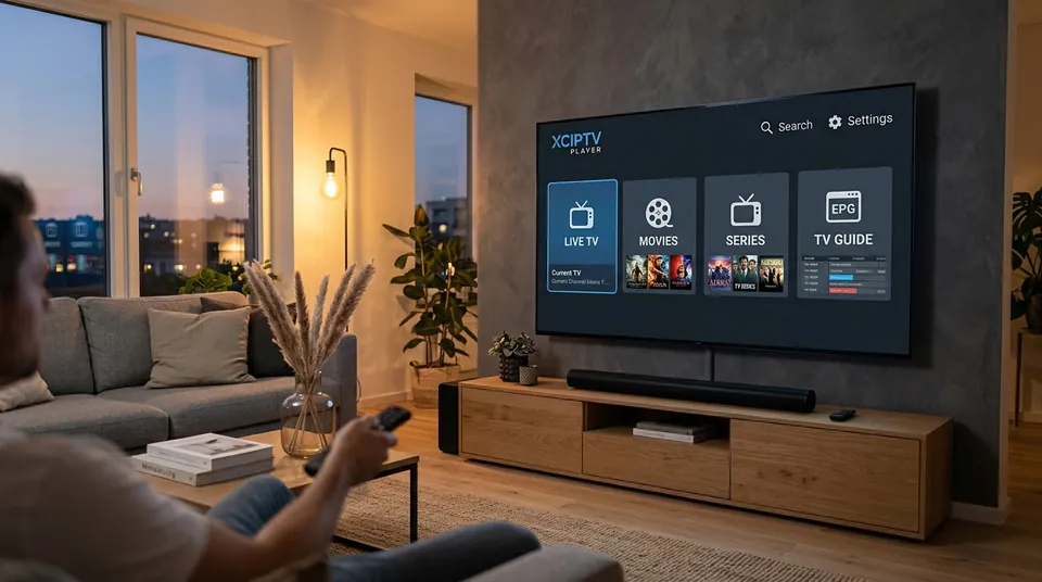 XCIPTV Player Setup: Android TV home dashboard with Live TV, Movies, Series and TV Guide tiles